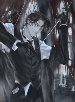 1boy aegyo_sal ajsaart alternate_costume arched_window black_gloves black_hair black_jacket black_necktie black_vest candlestand collared_shirt cowboy_shot dagger gloves glowing glowing_eyes hands_up head_tilt highres holding holding_dagger holding_knife holding_weapon indoors jacket jacket_partially_removed klein_moretti knife lord_of_the_mysteries male_focus necktie parted_lips shirt short_hair solo vest weapon white_shirt window wooden_floor yellow_eyes