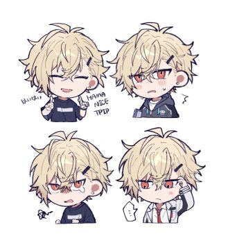 ... 18trip 1boy :/ antenna_hair arms_up black_shirt blonde_hair blush closed_eyes collared_shirt commentary_request crew_neck cropped_torso double-parted_bangs earrings embarrassed hair_between_eyes hair_ornament hairclip jewelry knk_n kurama_ushio male_focus multiple_views necktie open_mouth parted_bangs piercing print_shirt red_necktie sanpaku school_uniform shirt short_hair short_sleeves simple_background smile speech_bubble spoken_ellipsis stud_earrings t-shirt tears white_background white_shirt