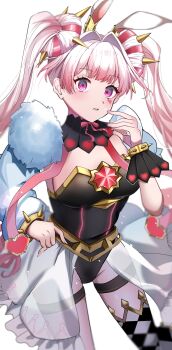 1girl absurdres animal_ears black_leotard breasts cowboy_shot donut_hair_bun double_bun duel_monster hair_bun highres large_breasts leotard long_hair maliss_&lt;p&gt;_white_rabbit pink_hair purple_eyes rabbit_ears shiroue_tomari simple_background solo twintails very_long_hair white_background yu-gi-oh!