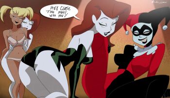 absurdres ass batman:_the_animated_series batman_&amp;_harley_quinn batman_(series) blonde_hair blue_eyes bra breasts dc_comics elbow_gloves gloves green_eyes harley_quinn highres inker_comics jester leotard long_hair mask nude panties poison_ivy red_hair smile thighs underwear
