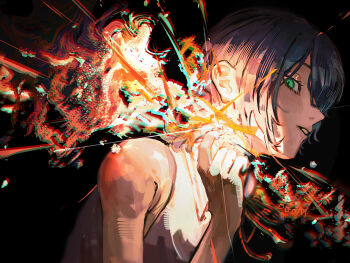 Rule 34 | 1girl, absurdres, bare shoulders, black background, chainsaw man, commentary, dress, english text, explosion, fire, green eyes, grenade pin, hair bun, hair over one eye, highres, looking at viewer, maru myth, medium hair, open mouth, purple hair, reze (chainsaw man), sleeveless, sleeveless dress, solo, sparks