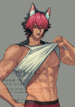 1boy abs animal_ear_fluff animal_ears artist_name black_hair body_fur clothes_lift commentary_request dog_boy dog_ears egokihcomo fangs hair_between_eyes hand_on_own_hip komano_manato lifting_own_clothes looking_at_viewer male_focus multicolored_hair multiple_scars muscular muscular_male navel nipples open_mouth pectorals raised_eyebrow red_eyes red_hair red_shorts scar scar_across_eye scar_on_arm scar_on_chest scar_on_face scar_on_shoulder shirt_lift short_hair shorts solo sweat tank_top upper_body v-shaped_eyebrows veins veiny_arms very_sweaty white_tank_top zenless_zone_zero