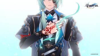 1boy anaxa_(honkai:_star_rail) ascot black_capelet black_shirt blue_vest capelet commentary copyright_name copyright_notice english_commentary eyepatch eyes_out_of_frame green_hair hand_over_heart hand_tattoo head_out_of_frame highres honkai:_star_rail honkai_(series) jewelry long_sleeves multiple_rings official_art ribbon ring serious shirt solo straight-on string string_of_fate tattoo upper_body vest white_ascot