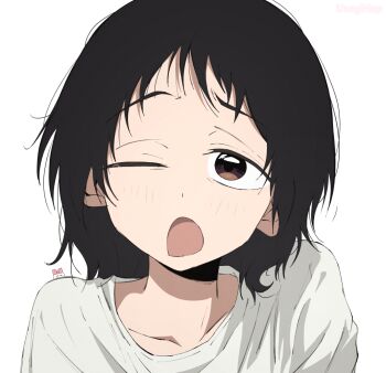 1girl ;o artist_name black_hair brown_eyes collarbone commentary english_commentary kuze_shizuka medium_hair messy_hair one_eye_closed open_mouth shirt simple_background solo takopii_no_genzai usagihop white_background white_shirt yawning