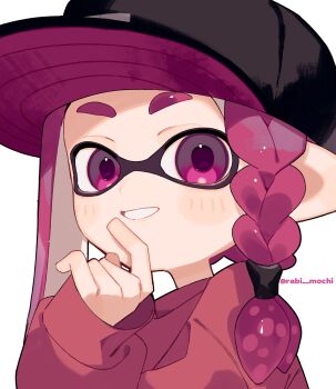 Rule 34 | 1girl, baseball cap, black hat, braid, commentary request, hat, highres, inkling, inkling girl, inkling player character, long hair, looking at viewer, low-tied long hair, nintendo, pink eyes, pink hair, pointy ears, sabata saba, single braid, sleeves past wrists, smile, solo, splatoon (series), splatoon 3, tentacle hair, thick eyebrows, upper body, white background