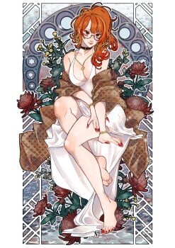 Rule 34 | 1girl, absurdres, alternate costume, bare shoulders, barefoot, border, bracelet, breasts, brown shawl, collarbone, dress, earrings, flower, flower request, glasses, gold bracelet, highres, hoop earrings, indie virtual youtuber, jewelry, large breasts, looking at viewer, mako fukasame, mole, mole on breast, necklace, orange hair, red eyes, red nails, red streaks, risu ri su, shawl, sitting, soles, unmoving pattern, virtual youtuber, white border, white dress