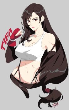 1girl absurdres breasts brown_hair cleavage earrings final_fantasy final_fantasy_vii fingerless_gloves gloves highres jewelry long_hair looking_at_viewer low-tied_long_hair midriff navel r3dfive red_eyes red_gloves smile solo tifa_lockhart vest white_vest