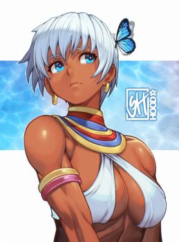 1girl armband artist_name bandeau blue_butterfly blue_eyes breasts bug butterfly butterfly_on_head capcom closed_mouth commentary dark-skinned_female dark_skin earrings elena_(street_fighter) english_commentary highres insect jewelry lips looking_to_the_side medium_breasts neck_ring shiny_skin short_hair signature skaggshood street_fighter street_fighter_iii_(series) thick_lips toned toned_female underboob upper_body water white_background white_bandeau white_hair