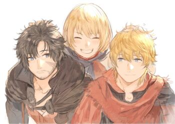 1girl 2boys beard_stubble black_cloak black_hair blonde_hair blue_eyes clive_rosfield cloak closed_eyes commentary_request facial_hair facial_scar final_fantasy final_fantasy_xvi grin hair_between_eyes hand_in_another&#039;s_hair hand_on_another&#039;s_head j2_path joshua_rosfield light_blush midadol_telamon multiple_boys red_scarf scar scar_on_cheek scar_on_face scarf short_hair smile stubble teeth upper_body white_background