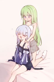 2girls :t absurdres armpit_crease ayatsuno_yuni bandaid bandaid_on_arm between_legs black_shirt bow camisole closed_eyes commentary_request crop_top dolphin_shorts dot_nose drooling electromocha green_hair grey_hair grey_shorts hair_ornament hairclip hand_between_legs highres kneeling korean_commentary long_hair massage multicolored_hair multiple_girls no_shoes off-shoulder_shirt off_shoulder open_mouth parted_bangs pout print_shirt purple_eyes raised_eyebrows shirt short_shorts shorts sitting sleeve_bow socks stellive straight_hair streaked_hair suspenders very_long_hair virtual_youtuber white_bow white_camisole white_socks x_hair_ornament yuzuha_riko