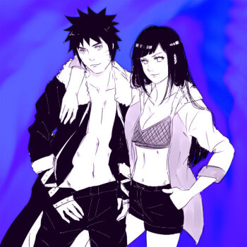 1boy 1girl artist_request black_hair blue_background breasts cleavage closed_mouth couple facial_mark hyuuga_hinata jacket long_hair looking_at_viewer medium_breasts naruto:_road_to_ninja naruto_(series) naruto_shippuuden open_clothes open_jacket source_request spiked_hair uzumaki_naruto whisker_markings