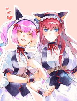 Rule 34 | akiha rumiho, animal ears, blush, bow, breasts, cat ears, closed eyes, closed mouth, frills, hair ornament, hairband, heart, long hair, looking at viewer, maid, maid headdress, makise kurisu, mayqueen maid uniform, medium breasts, multiple girls, neck ribbon, open mouth, pink hair, puffy sleeves, ribbon, rocni, science adventure, shirt, short sleeves, simple background, smile, steins;gate, twintails, upper body, white shirt, wrist cuffs