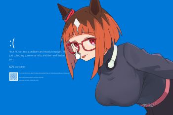 1girl 67_(meme) absurdres animal_ears belt black_sweater blue_background blue_screen_of_death breasts brown_hair closed_mouth english_text glasses headphones headphones_around_neck highres horse_ears horse_girl leaning_forward light_smile looking_at_viewer meme microsoft_windows multicolored_hair myticalcat pink_belt red-framed_eyewear red_eyes smile solo streaked_hair sweater tongue tongue_out transcend_(umamusume) umamusume white_hair