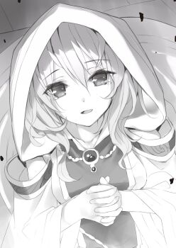 1girl breasts cleric cloak collarbone dress from_above greyscale hair_between_eyes highres hood hood_up hooded_cloak isekai_maou_to_shoukan_shoujo_no_dorei_majutsu large_breasts long_hair long_sleeves looking_at_viewer lumachina_weselia monochrome novel_illustration off-shoulder_dress off_shoulder official_art open_mouth own_hands_clasped own_hands_together priest smile solo standing tearing_up tears third-party_source tsurusaki_takahiro wavy_hair wide_sleeves