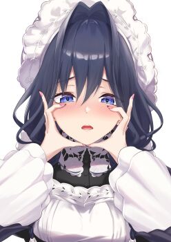 1girl absurdres apron black_dress black_hair blue_eyes blush buttons dress hair_intakes hands_on_own_cheeks hands_on_own_face highres hololive hololive_english ilie_ilie long_hair open_mouth ouro_kronii ouro_kronii_(maid) pink_nails solo teeth upper_body upper_teeth_only virtual_youtuber white_apron white_background