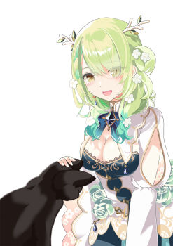 Rule 34 | 1girl, animal, antlers, black cat, blue gem, breasts, brooch, cat, ceres fauna, ceres fauna (1st costume), cleavage, cleavage cutout, clothing cutout, cowboy shot, dress, flower, gem, glawsbsxpytn7j9, green hair, hair flower, hair ornament, hashtag-only commentary, highres, hololive, hololive english, horns, jewelry, large breasts, long hair, looking at animal, mole, mole under eye, open mouth, parted bangs, petting, simple background, smile, solo, virtual youtuber, white background, white dress, yellow eyes