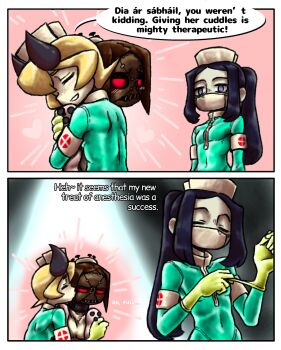 absurdres blush bodysuit comic drugged freckles gloves h0n3ybtl hallow_(skullgirls) hat highres horns hug kiss latex latex_bodysuit latex_gloves matching_outfits nurse nurse_cap painwheel_(skullgirls) pale_skin patty_(skullgirls) skullgirls source_request speech_bubble tagme