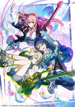 Rule 34 | 3girls, absurdres, aqua nails, arm at side, bass guitar, black choker, black hair, black jacket, blue eyes, blue jacket, blue pants, breasts, choker, collared shirt, commentary request, copyright notice, cutoffs, electric guitar, fender telecaster, gem, green eyes, green jacket, grey hair, grey shorts, grin, guest art, guitar, hair between eyes, hair ornament, hairclip, hand up, hands up, headphones, highres, hinomori shiho, holding strap, hood, hood down, hoodie, hoshino ichika (project sekai), instrument, jacket, karanagare, large breasts, leo/need luka, long hair, long sleeves, looking at viewer, megurine luka, multiple girls, nail polish, official alternate costume, official art, open clothes, open jacket, open mouth, pants, pink hair, project sekai, purple eyes, red gemstone, resonate with you (project sekai), ribbed socks, sekai symphony, sheet music, shirt, shoes, short hair, shorts, sidelocks, sleeves rolled up, smile, socks, teeth, vocaloid, white hoodie, white shirt, white shoes, white socks, x hair ornament