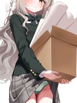 Rule 34 | 1girl, absurdres, blazer, blue archive, blush, bow, bowtie, box, braid, cardboard box, carrying, commentary request, diagonal-striped bow, diagonal-striped bowtie, diagonal-striped clothes, drawing flover, from below, green bow, green bowtie, green jacket, green panties, grey hair, grey skirt, hair bow, hair ribbon, highres, jacket, long hair, looking at viewer, miyo (blue archive), panties, pantyshot, ribbon, ribbon braid, school uniform, simple background, skirt, skirt caught on object, solo, striped bow, striped bowtie, striped clothes, thighs, underwear, upskirt, very long hair, white background, white bow, white ribbon