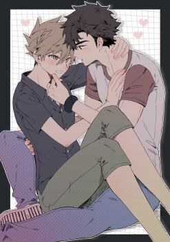 2boys arms_up ben-day_dots black_border black_shirt blue_oak blue_pants blush border brown_eyes brown_hair buttons capri_pants collared_shirt denim green_pants grid_background hand_on_another's_face heart highres jeans male_focus multiple_boys nintendo open_mouth outside_border pants pk_rgr96 pokemon pokemon_sm red_(pokemon) screentones shirt short_hair short_sleeves sitting t-shirt wristband yaoi