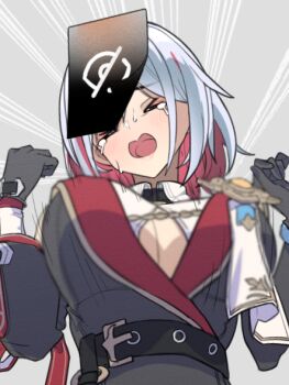 Rule 34 | belt, black gloves, bouncing breasts, breasts, closed eyes, gloves, honkai: star rail, honkai (series), large breasts, open mouth, red hair, short hair, topaz (honkai: star rail), white hair, ynfkin