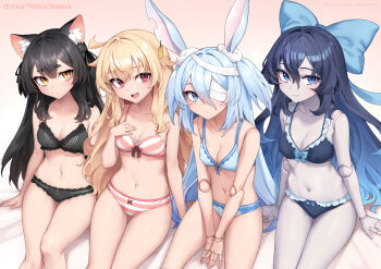 Rule 34 | 4girls, ahoge, animal ear fluff, animal ears, bandage over one eye, bandaged head, bandages, bikini, black bikini, black hair, blonde hair, blue bikini, blue eyes, blue hair, bow, bow bikini, breasts, brown eyes, cat ears, cat girl, cleavage, commentary request, doll joints, ear tag, expressionless, hair bow, hand on own chest, highres, joints, little witch nobeta, long hair, monica (little witch nobeta), multiple girls, navel, nobeta, official art, oopartz yang, open mouth, pale skin, phyllis (human) (little witch nobeta), phyllis (little witch nobeta), rabbit ears, rabbit girl, red eyes, ribbon, sitting, slit pupils, small breasts, smile, striped bikini, striped clothes, swimsuit, tania (little witch nobeta), thigh gap, thighs, two side up, very long hair