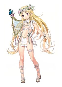 1girl ankle_lace-up arm_at_side bikini black_gemstone blonde_hair bug butterfly cross-laced_sandals elf elf_village eyepatch_bikini female_focus flat_chest flower flower_wreath full_body gem hair_flower hair_ornament harp highres holding holding_instrument insect instrument jewelry jiji_(aardvark) loli long_hair looking_at_viewer merum navel official_art open_mouth panties pelvic_curtain pointy_ears purple_eyes revealing_clothes ribs sandals side-tie_panties simple_background smile solo swimsuit thighlet transparent_background underwear white_panties