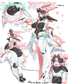 Rule 34 | 1girl, absurdres, alternate breast size (larger), alternate design, alternate height, android, aria (zenless zone zero), arrow (symbol), ass, black eyes, breasts, commentary, english commentary, english text, full body, green pupils, highres, humanoid robot, joints, large breasts, mechanical arms, mechanical hair, mechanical wings, metal skin, reallycute456, robot, robot girl, robot joints, solo, symbol-shaped pupils, untranslatable commentary, white background, wings, x-shaped pupils, zenless zone zero