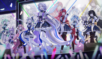 6+girls absurdres ahoge akane_lize animal_ear_fluff animal_ears aokumo_rin arahashi_tabi ayatsuno_yuni back_bow black_bow black_hair blonde_hair blue_bow blue_bowtie blue_corset blue_eyes blue_hair blue_skirt bow bowtie cat_ears cat_girl cat_tail center_frills cone_hair_bun confetti corset double_bun everyone extra_ears feathered_wings fox_ears fox_girl frills glowstick gradient_eyes green_bow green_bowtie green_eyes green_hair grey_eyes grey_hair hair_bow hair_bun hair_ornament hair_rings hairclip hanako_nana heterochromia highres horse_tail idol idol_clothes indoors kku_ri_92 long_hair multicolored_eyes multicolored_hair multiple_girls neneko_mashiro one_eye_closed open_mouth pantyhose pink_hair purple_bow purple_bowtie purple_eyes purple_hair red_bow red_eyes red_hair screen shirayuki_hina shirt shoes short_hair short_sleeves side_ponytail skirt stage stellive streaked_hair tail tenko_shibuki thigh_strap twintails unicorn_girl unicorn_horn very_long_hair virtual_youtuber white_bow white_bowtie white_hair white_shirt white_shoes white_wrist_cuffs wings wrist_cuffs x_hair_ornament yellow_eyes yuzuha_riko