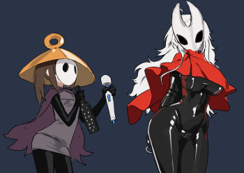 2girls armbinder bdsm black_bodysuit bodysuit bound bound_arms breasts brown_hair cloak commission cosplay dildo eudetenis highres hitachi_magic_wand holding holding_paddle holding_sex_toy hollow_knight hollow_knight:_silksong hornet_(hollow_knight) hornet_(hollow_knight)_(cosplay) large_breasts latex latex_bodysuit lilya_(pretzelfan) mask multiple_girls original paddle purple_cloak red_cloak sayuri_(pretzelfan) second-party_source sex_toy sherma_(hollow_knight) sherma_(hollow_knight)_(cosplay) vibrator white_hair