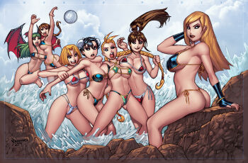 6+girls ass b._jenet ball bat_wings beach beach_volleyball bikini blonde_hair blue_hair blue_mary braid breasts brown_hair bun_cover cammy_white capcom chun-li cleavage covered_erect_nipples crossover darkstalkers double_bun fatal_fury fingerless_gloves gloves grabbing_another&#039;s_hair green_hair hair_bun headlock highres holding_another&#039;s_hair lara_croft large_breasts long_hair morrigan_aensland multiple_girls playing_sports ponytail rock ryan_kinnaird shiranui_mai short_hair sitting standing street_fighter swimsuit the_king_of_fighters thong thong_bikini tomb_raider twin_braids volleyball volleyball_(object) water waving wings