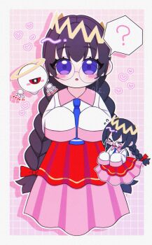 Rule 34 | 1girl, ?, alt 0218, black hair, bow, braid, crown, glasses, hair bow, halo, heart, highres, kirby (series), kirby 64, long hair, long skirt, low twin braids, nintendo, one-eyed, pink background, pink skirt, purple eyes, red bow, red eyes, ripple star queen, skirt, sleeves past fingers, sleeves past wrists, twin braids, zero two (kirby)