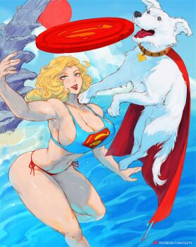 1girl animal beach bikini blonde_hair blue_bikini blue_eyes blush breasts cape cleavage cloud collar collarbone dc_comics dog flying frisbee highres krypto_the_superdog large_breasts long_hair navel ocean open_mouth print_bikini red_cape red_lips rock sand side-tie_bikini_bottom sky smile supergirl superman_(series) superman_logo swimsuit teeth tezy8art throwing water white_fur