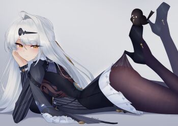 1girl absurdres ahoge artist_name ass bird black_bird black_jacket black_shoes blush breasts brown_pantyhose closed_mouth commentary doiparuni feet_up from_side gradient_background grey_background grey_hair hair_between_eyes hair_ornament hairclip hand_on_own_cheek hand_on_own_face hand_up high_heels highres hooked_on_heel jacket knees_out_of_frame lace_pantyhose_hooked_on_heel_(meme) large_breasts long_hair long_sleeves looking_at_viewer looking_to_the_side lying meme miniskirt official_alternate_costume on_stomach pantyhose pumps shoes skirt solo striped_clothes striped_jacket vertical-striped_clothes vertical-striped_jacket white_skirt yellow_eyes yixuan_(trails_of_ink)_(zenless_zone_zero) yixuan_(zenless_zone_zero) zenless_zone_zero