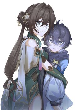 Rule 34 | 1boy, 1girl, antenna hair, aqua eyes, badge, black hair, blue eyes, clothing cutout, commentary, dress, elbow gloves, embarrassed, floral print, gloves, gradient hair, hair between eyes, headphones, highres, honkai: star rail, honkai (series), hug, jacket, kintama dekin, light smile, long hair, long sleeves, multicolored hair, ruan mei (honkai: star rail), scarf, short hair, simple background, stephen lloyd (honkai: star rail), tassel, very long hair