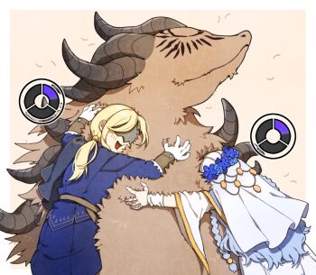 1boy 2girls alternate_form blindfold_mask blonde_hair braid cheek_squash doll_joints donar0217 duchess_(elden_ring) elden_ring elden_ring_nightreign executor_(elden_ring) flower_wreath fluffy gloves head_wreath horns hug joints low_ponytail low_twin_braids mask monster multiple_girls ponytail revenant_(elden_ring) side_cape simple_background smile triangle_mouth twin_braids veil white_coif white_gloves white_veil