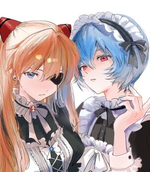 2girls ayanami_rei black_dress blue_eyes blue_hair blue_nails bow closed_mouth collar commentary commentary_request dress earrings english_commentary evangelion:_3.0_you_can_(not)_redo eyepatch frilled_collar frilled_dress frills hair_between_eyes hairpods hand_up highres jewelry long_hair looking_at_viewer maid maid_headdress mixed-language_commentary multiple_girls neon_genesis_evangelion orange_hair parted_lips pink_eyes rebuild_of_evangelion ribbon short_hair simple_background soraaaa53 souryuu_asuka_langley upper_body white_background white_bow white_ribbon
