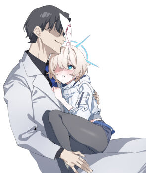 1boy 1girl arius_student_(blue_archive) banssee black_pantyhose blonde_hair blue_archive blue_eyes blue_halo blue_shorts doodle_sensei_(blue_archive) formal_clothes hair_over_one_eye halo hood hooded_jacket jacket looking_at_another no_eyes pantyhose paper_on_head sensei_(blue_archive) short_hair shorts sitting sitting_on_lap sitting_on_person smile suit white_jacket