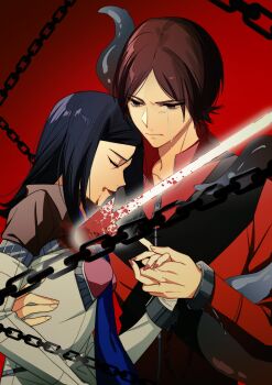 1boy 1girl absurdres amano_maya arm_around_waist black_hair black_jacket blood blood_from_mouth blood_on_clothes blue_necktie brown_eyes brown_hair chain chained crying crying_with_eyes_open cuffs highres holding_hands injury jacket lance langle_l looking_down multicolored_jacket necktie nyarlathotep_(persona_2) persona persona_2 polearm red_background red_jacket shackles short_hair smile stab suou_tatsuya tears tentacles two-tone_jacket weapon