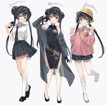 +_+ 1girl absurdres bare_shoulders black_dress black_gloves black_hair black_necktie black_shoes blue_archive blush butterfly_hair_ornament cellphone china_dress chinese_clothes clenched_hands closed_mouth coat collared_shirt commentary diagonal-striped_clothes diagonal-striped_necktie double_bun dress expressionless gloves grey_coat grey_eyes grey_halo hair_bun hair_ornament halo hand_in_own_hair hat higa_(gominami) highres holding holding_phone kindergarten_uniform kisaki_(blue_archive) kisaki_(kindergarten_uniform)_(blue_archive) kisaki_(school_uniform)_(blue_archive) kneehighs long_hair long_sleeves necktie official_alternate_costume official_alternate_hairstyle open_clothes open_coat phone pink_shirt pleated_skirt school_uniform shirt shoes short_sleeves side_slit skirt sleeveless sleeveless_dress smartphone smile socks striped_clothes striped_coat twintails vertical-striped_coat white_shirt white_shoes white_socks yellow_hat