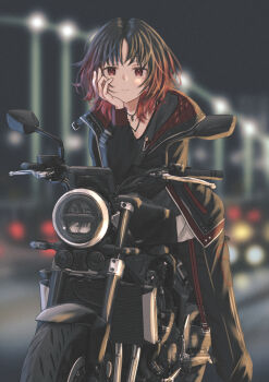 Rule 34 | 1girl, black hair, blurry, blurry background, depth of field, gradient hair, hashtag-only commentary, head rest, highres, jacket, jewelry, kisaragi ren (vspo!), looking at viewer, medium hair, motor vehicle, motorcycle, multicolored hair, necklace, on motorcycle, ono matabei, open clothes, open jacket, pants, red eyes, red hair, sitting, solo, virtual youtuber, vspo!