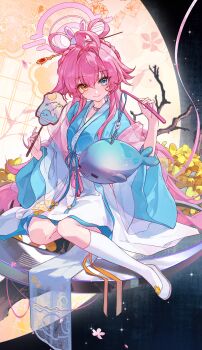 1girl absurdres alternate_costume blue_archive bow-shaped_hair chinese_clothes chinese_hairpin closed_mouth full_body hair_between_eyes halo hand_fan heterochromia highres holding holding_fan hoshino_(blue_archive) kneehighs long_hair long_sleeves looking_at_viewer pink_hair shaokao_lajitong shoes sitting smile socks solo very_long_hair white_shoes white_socks wide_sleeves