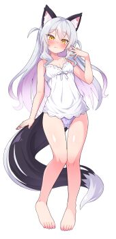 1girl animal_ears barefoot blush breasts camisole embarrassed fang fang_out gradient_hair grey_hair highres long_hair looking_at_viewer multicolored_hair nose_blush original panties pink_hair purple_panties simple_background skin_fang small_breasts smile sweatdrop tail two-tone_hair two_side_up ug_(nekonekodou) underwear white_background white_camisole yellow_eyes