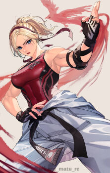1girl absurdres armpits artist_name bare_shoulders black_gloves black_tank_top blonde_hair blue_eyes breasts commentary_request dougi elbow_pads fingerless_gloves gloves grey_background hairband hand_up highres kagematsuri large_breasts lidia_sobieska long_hair looking_at_viewer martial_arts_belt muscular muscular_female ponytail red_hairband red_tank_top scar scar_across_eye scar_on_face simple_background single_elbow_pad solo tank_top tekken twitter_username two-tone_tank_top