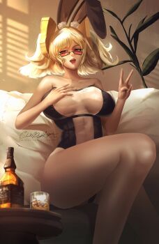 1girl alcohol animal_ears artist_name bare_shoulders black_leotard blonde_hair breasts burnice_white cindy_(cindyart) couch fake_animal_ears hand_on_own_chest hashtag-only_commentary highres indoors large_breasts leotard looking_at_viewer on_couch playboy_bunny red_eyes solo twintails v zenless_zone_zero