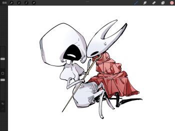 2girls ^_^ anger_vein annoyed art_program_in_frame bound bubble_skirt cloak closed_eyes dress elbow_gloves gloves happy hashtag-only_commentary highres holding holding_staff hollow_knight hollow_knight:_silksong hornet_(hollow_knight) kneeling knees_up lace_(hollow_knight) multiple_girls procreate_(medium) procreate_(software) puffy_short_sleeves puffy_sleeves qishitian_de_yuji red_cloak short_dress short_sleeves simple_background sitting skirt staff tied_up_(nonsexual) white_background white_dress white_gloves yuri