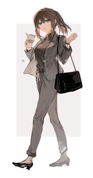 Rule 34 | 1girl, absurdres, anzu (ensemble stars!), bag, black bag, black shoes, blue eyes, breasts, brown hair, brown shirt, buttons, character name, chinese commentary, commentary request, cup, disposable coffee cup, disposable cup, drink, ensemble stars!, etiv, full body, grey jacket, grey pants, hair between eyes, hands up, high heels, highres, holding, holding drink, index finger raised, jacket, lapels, long sleeves, medium breasts, notched lapels, office lady, open mouth, pants, ponytail, shirt, shirt tucked in, shoes, shoulder bag, sidelocks, simple background, solo, standing, watch, white background, wristwatch