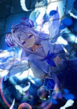 1girl ahoge alternate_costume amane_kanata angel angel_wings blue_flower blue_hair blue_rose blue_streaks bouquet chain-link_fence cloud cloudy_sky colored_inner_hair commentary crying crying_with_eyes_open feathered_wings feathers fence flower grey_hair hair_intakes halo highres holding holding_bouquet hololive looking_at_viewer mini_wings multicolored_hair neckerchief official_alternate_hair_length official_alternate_hairstyle open_mouth pepamaro pink_streaks pleated_skirt purple_eyes rose sailor_collar school_uniform serafuku shirt short_hair skirt sky solo star_halo streaked_hair streaming_tears symbol-only_commentary tears virtual_youtuber white_shirt white_wings wings