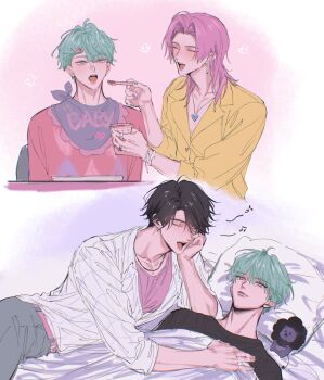 3boys ^_^ aqua_hair baby_(kpop_demon_hunters) black_hair blush bracelet closed_eyes commentary earrings feeding highres jewelry jinu_(kpop_demon_hunters) kpop_demon_hunters lying male_focus multiple_boys music necklace ogai on_back on_side pink_hair ring romance_(kpop_demon_hunters) shirt short_hair singing smile symbol-only_commentary yellow_shirt