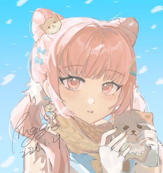 1girl animal-themed_food blue_bow blue_sailor_collar blue_sky blunt_bangs bow chinese_commentary coat commentary_request cone_hair_bun dated day dog dog_hair_ornament dot_nose double_bun expressionless eyelashes fingerless_gloves fingernails floof_(infinity_nikki) food gloves guardian_floof_(infinity_nikki) hair_bow hair_bun hair_ornament hair_over_shoulder hair_scrunchie hairclip highres holding holding_food infinity_nikki light_blush long_hair long_sleeves low_twintails nikki_(nikki) nikki_(series) outdoors parallel_hairclips parted_lips pinggo_(xianshideshixian) pink_eyes pink_hair pink_nails procreate_(medium) sailor_collar scarf scrunchie signature sky snowing solo twintails upper_body very_long_hair white_coat white_gloves white_scrunchie winter winter_clothes winter_coat yellow_scarf